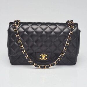 Chanel Black Quilted Lambskin Leather Classic Jumbo Double Flap Bag